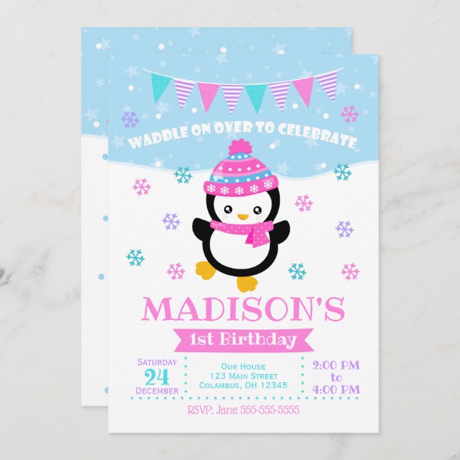 Girl Penguin Birthday Invitation / Waddle On Over (Front/Back)