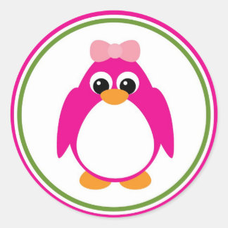 Girl Penguin in Pink and Green Classic Round Sticker