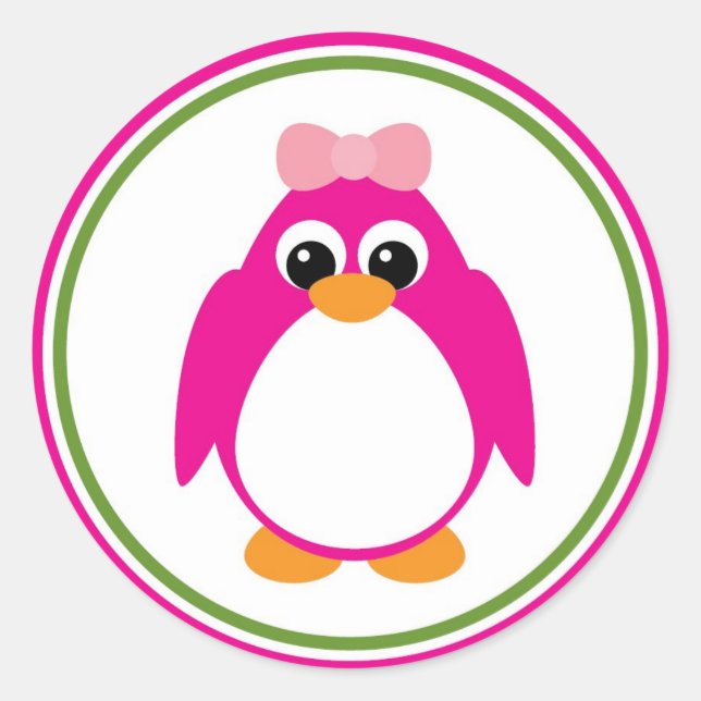 Girl Penguin in Pink and Green Classic Round Sticker (Front)