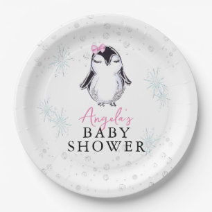 Girl Penguin Winter Baby Shower  Paper Plate