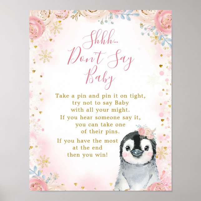 Girl Penguin Winter Snowflake Don't Say Baby Card Poster (Front)