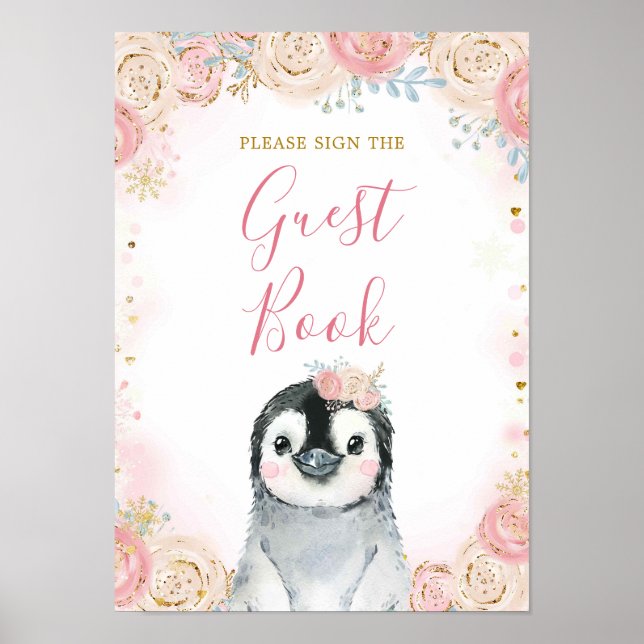 Girl Penguin Winter Snowflake Guest Book (Front)