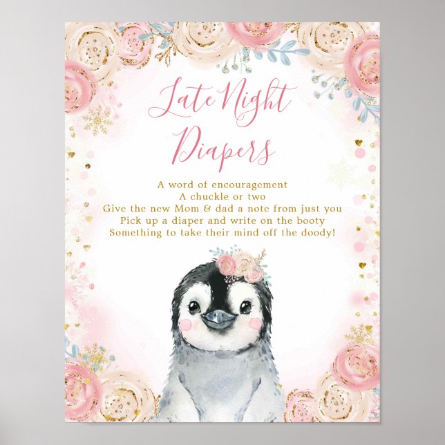 Girl Penguin Winter Snowflake Late Night Diaper Poster (Front)