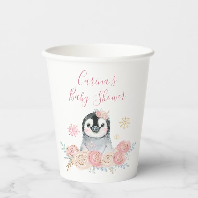 Girl Penguin Winter Snowflake Paper Cups (Front)