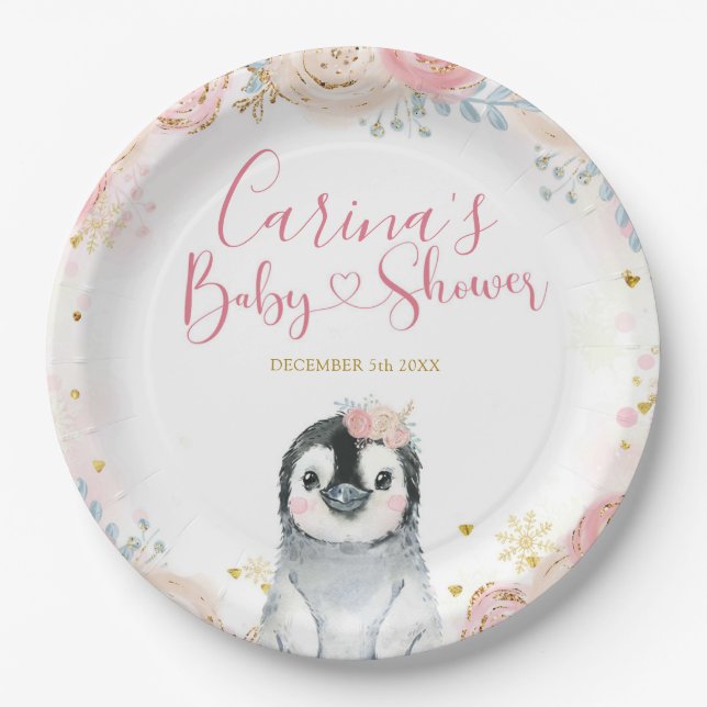 Girl Penguin Winter Snowflake Paper Plates (Front)