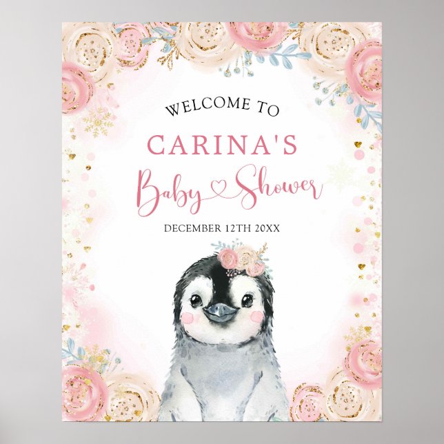 Girl Penguin Winter Snowflake Welcome Sign (Front)