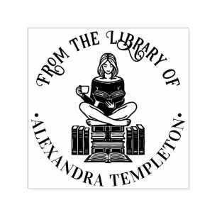 Girl Perched on Books Reading #2 Library Book Name Self-inking Stamp