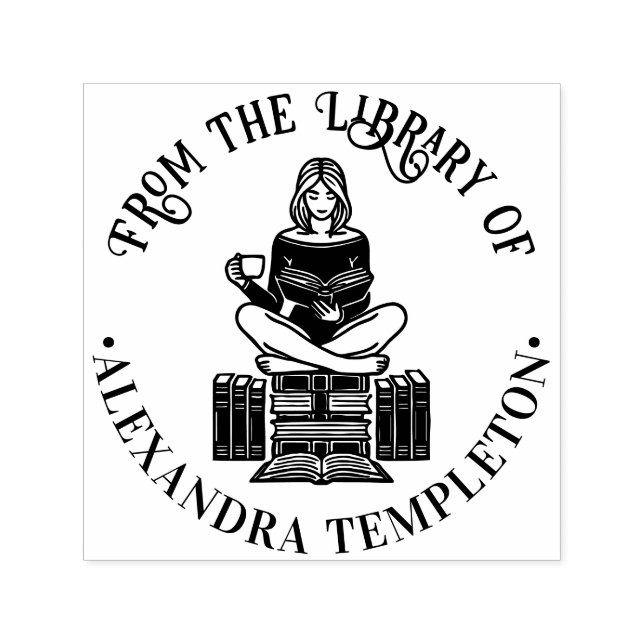 Girl Perched on Books Reading #2 Library Book Name Self-inking Stamp (Design)