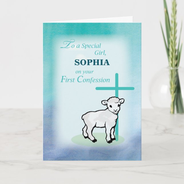 Girl Personalise Name First Confession Lamb Cross Card (Front)