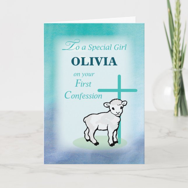 Girl Personalise Name First Confession Lamb Cross Card (Front)