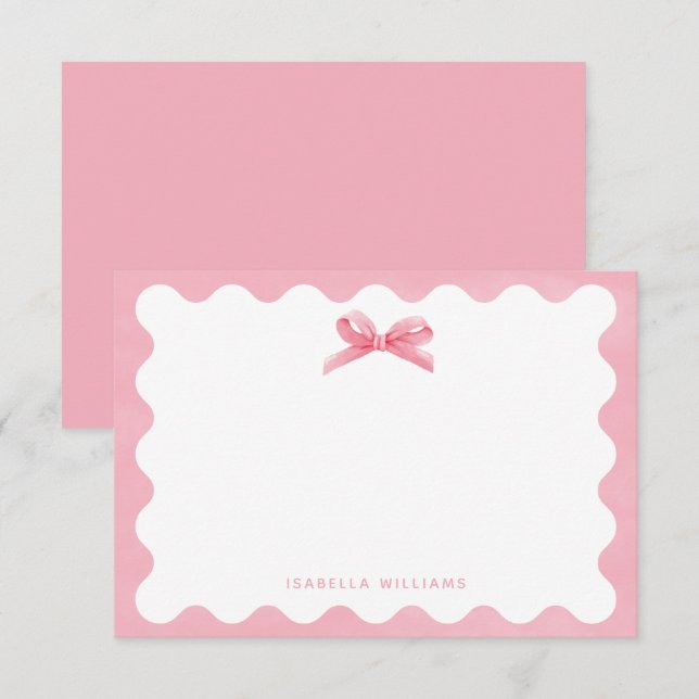 Girl Personalised Watercolor Pink Bow Note Card (Front/Back)