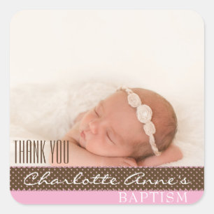 Girl Photo Baptism Thank You Favour Pink Brown Square Sticker