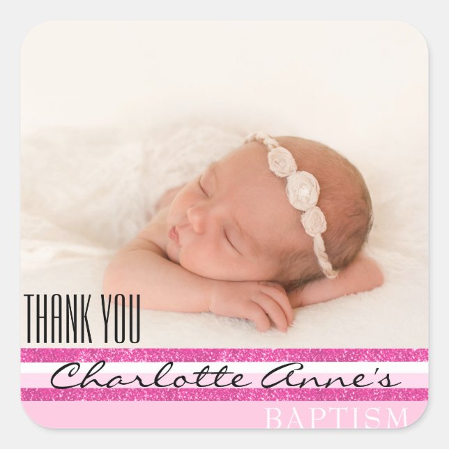 Girl Photo Baptism Thank You Favour | Pink Stripes Square Sticker (Front)