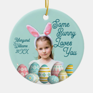 Girl Photo Bunny Ears Cute Blue  Ceramic Ornament