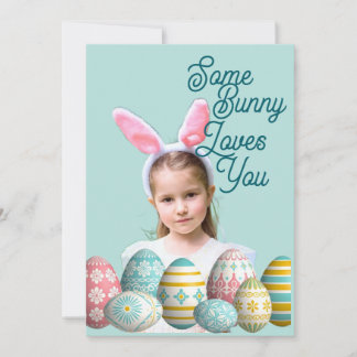Girl Photo Bunny Ears Cute Blue  Holiday Card