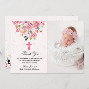 Girl Photo Christening Watercolor Pink Floral Thank You Card