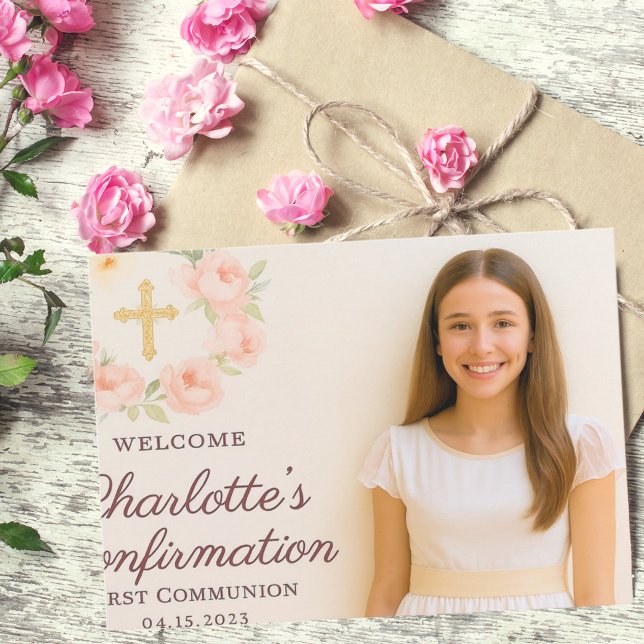 Girl photo cream beige bow cross Confirmation Thank You Card (Creator Uploaded)