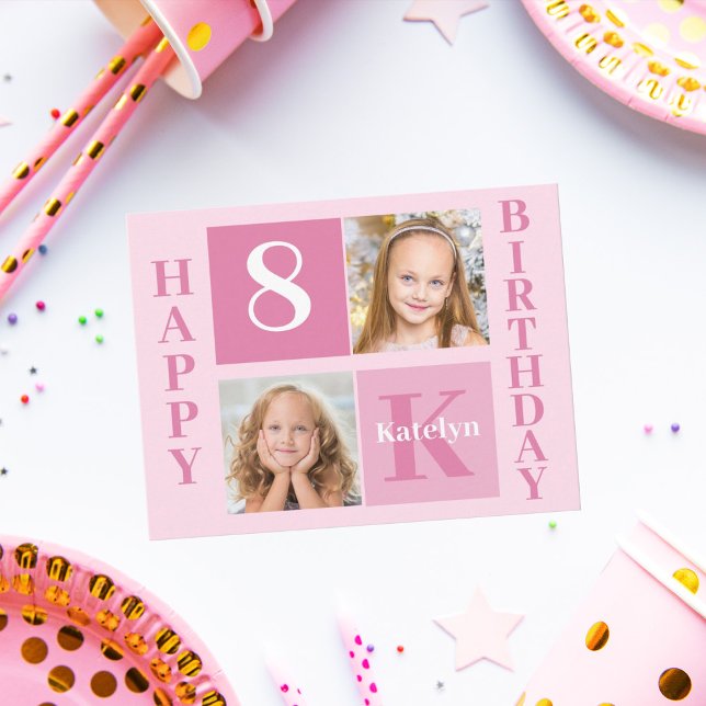 Girl Photo Cute Pink Happy Birthday Monogram Postcard (Creator Uploaded)