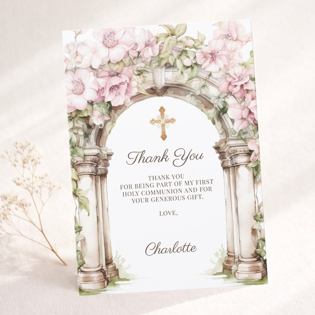 Girl photo First Communion pink floral arch Thank You Card (Creator Uploaded)