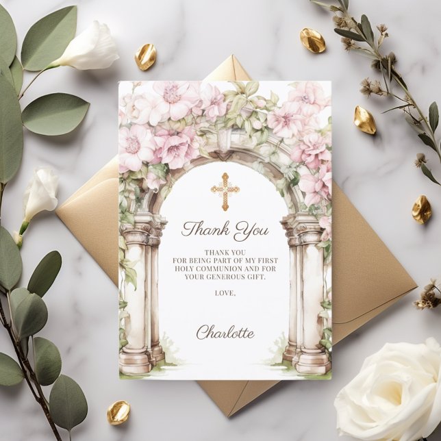 Girl photo First Communion pink floral arch Thank You Card (Creator Uploaded)
