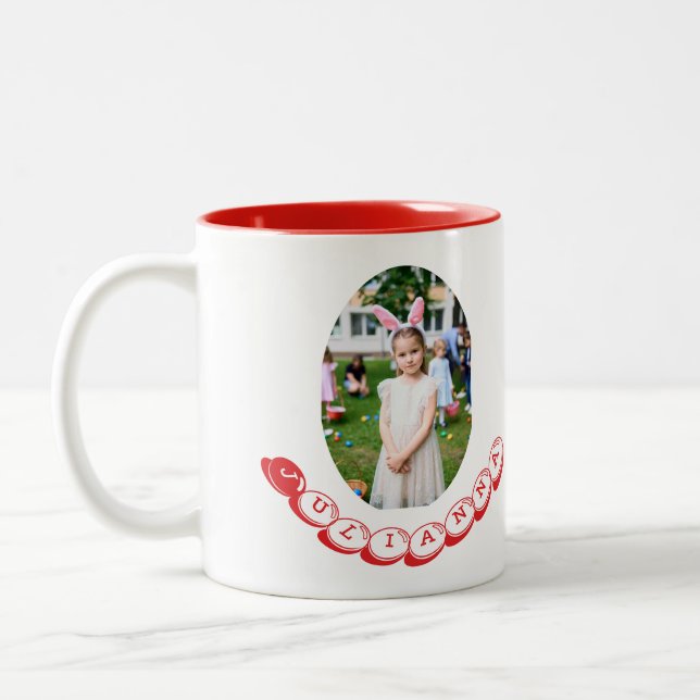 Girl Photo Hunting Eggs with Rabbit Ears & Name Two-Tone Coffee Mug (Left)