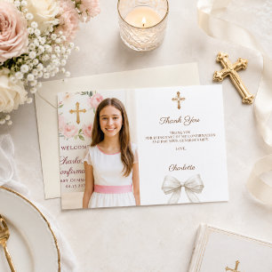 Girl photo ivory bow Confirmation Thank You Card