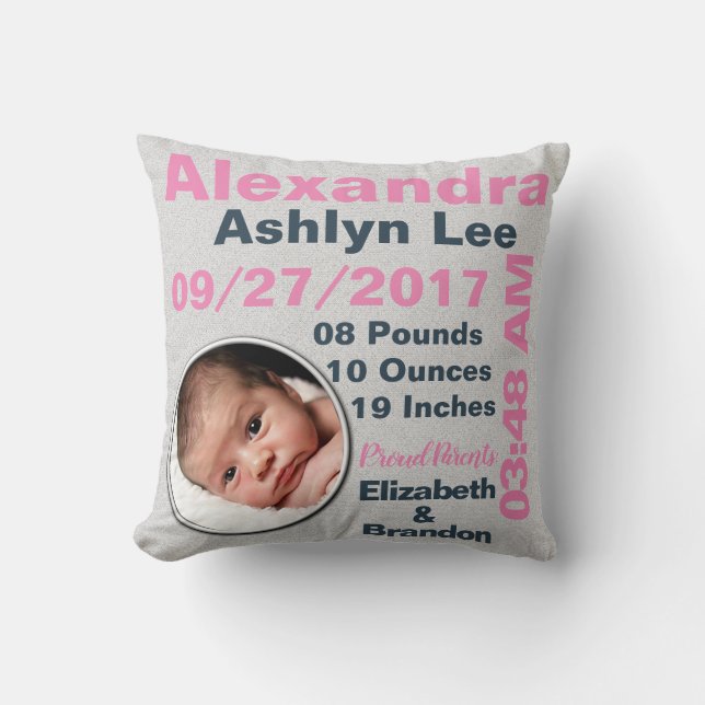 Girl Photo Photograph Personalised Birth Stats Cushion (Front)