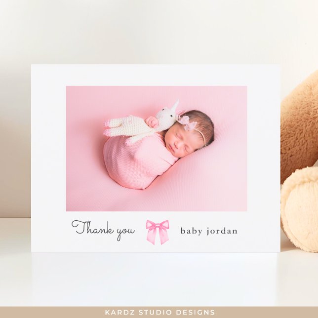 Girl Photo Pink Bow Baby Shower Thank You Postcard (Front and back of the Postcard shown, add your baby's name, picture, and message.)