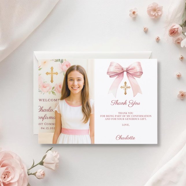 Girl photo pink bow Confirmation Thank You Card (Creator Uploaded)