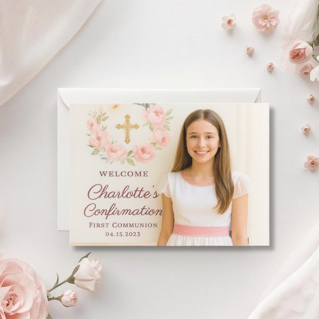 Girl photo pink bow cross Confirmation Thank You Card (Creator Uploaded)
