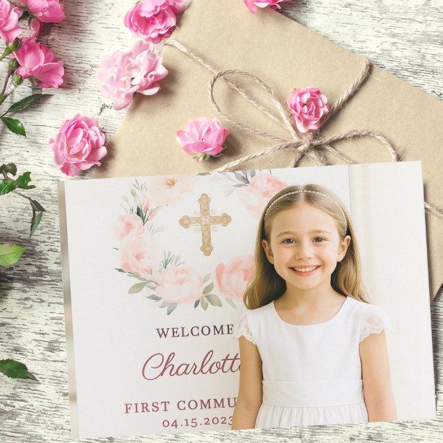 Girl photo pink bow cross First Communion  Thank You Card (Creator Uploaded)