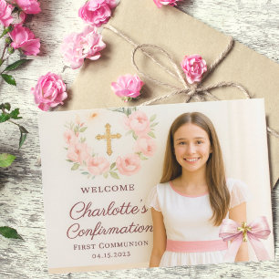 Girl photo pink bow cross First Holy Communion Thank You Card