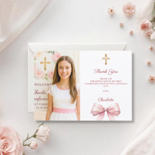 Girl photo pink bow First Holy Communion Thank You Card