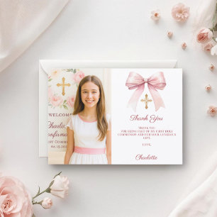 Girl photo pink bow First Holy Communion Thank You Card