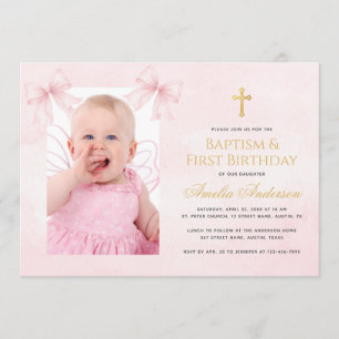 Girl Photo Pink Bows Cross Baptism First Birthday Invitation