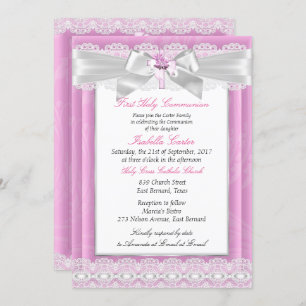 Girl Photo Pink Floral Cross First Holy Communion Invitation
