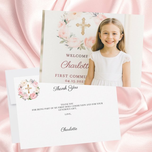 Girl photo pink florals cross First Communion  Thank You Card (Creator Uploaded)