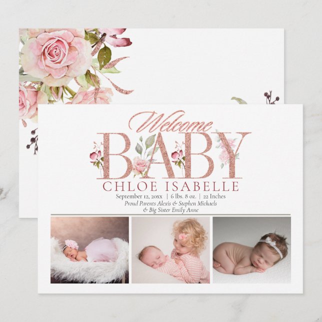 Girl Photo Rose Gold | Floral Birth Announcement (Front/Back)