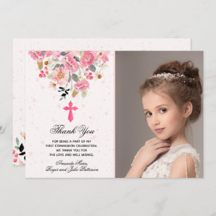Girl Photo Watercolor Pink Floral First Communion Thank You Card
