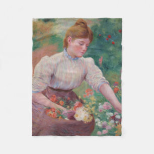 Girl Picking Flowers in a Summer Garden Fleece Blanket