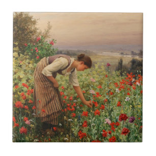 Girl Picking Poppies (Floral Scene) (Flower Field) Ceramic Tile