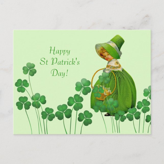 Girl Picking Shamrocks St Patrick's Day Postcard (Front)