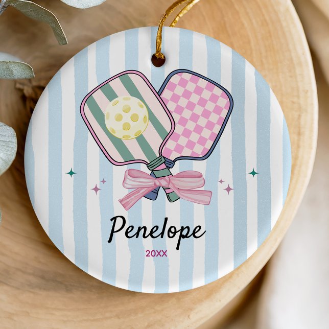Girl pickleball player sports paddles personalised ceramic ornament (Creator Uploaded)