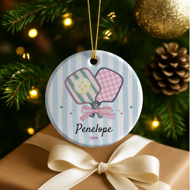 Girl pickleball player sports paddles personalised ceramic ornament (Creator Uploaded)