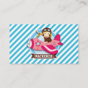 Girl Pilot in Pink Aeroplane; Blue & White Stripes Business Card