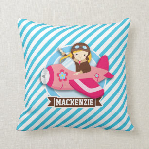 Girl Pilot in Pink Aeroplane; Blue & White Stripes Cushion