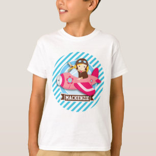 Girl Pilot in Pink Aeroplane; Blue & White Stripes T-Shirt