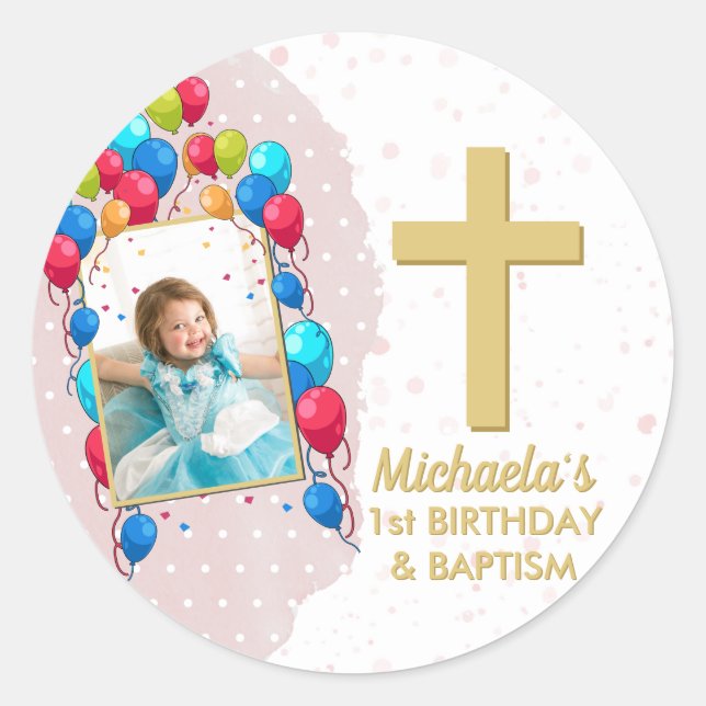 Girl Pink 1st Birthday Baptism Gold Text Photo Classic Round Sticker (Front)