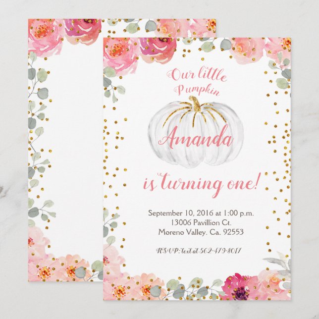 Girl Pink and Gold Our Pumpkin is turning one Invitation (Front/Back)