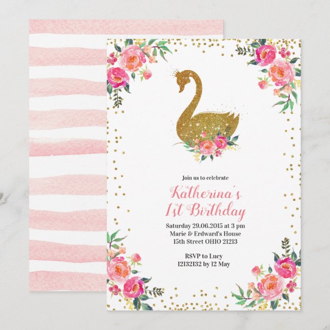 Girl Pink and Gold Swan Birthday Invitation (Front/Back)